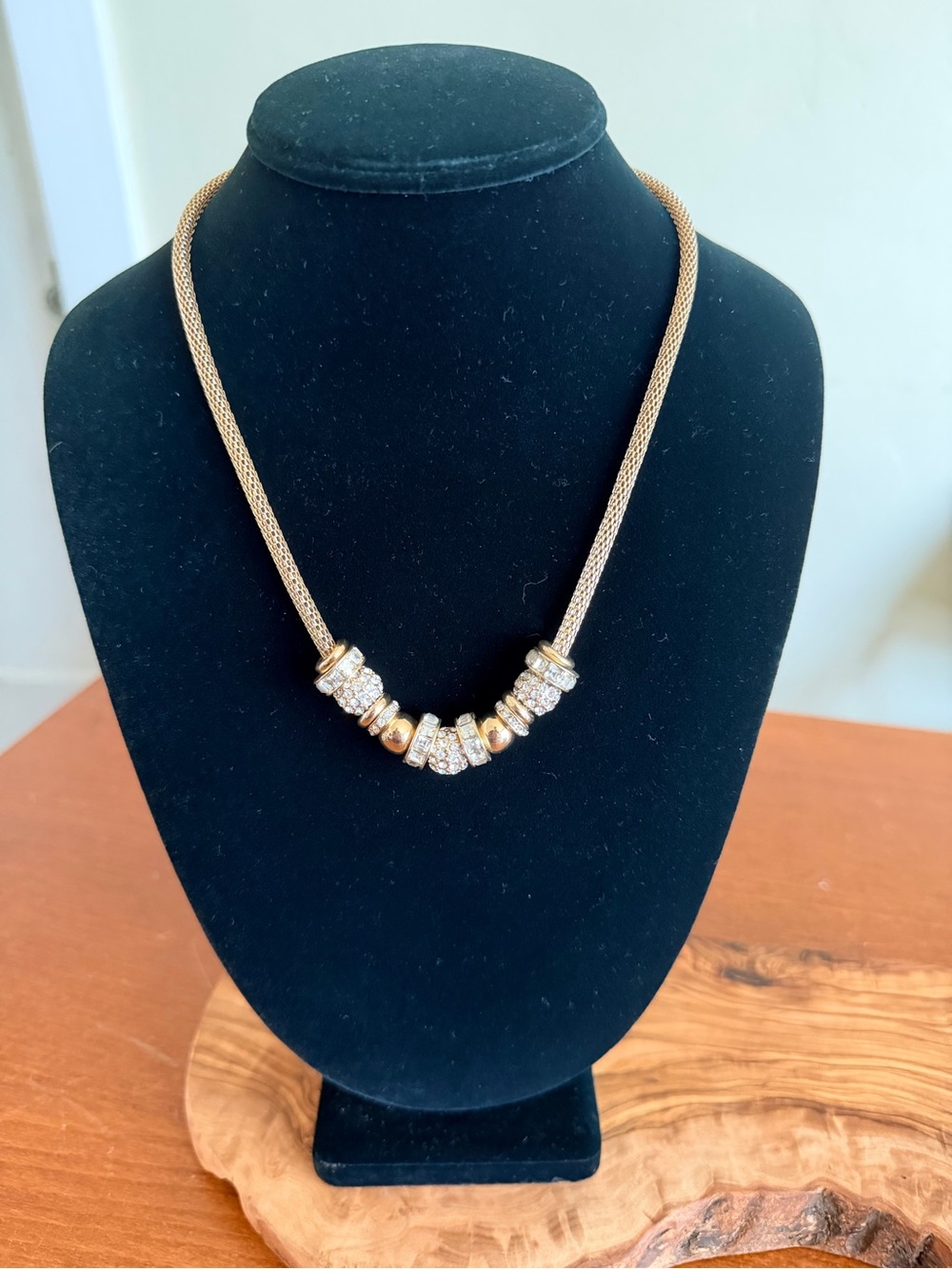 Chico's Gold Tone Mesh Necklace with Crystal Accents